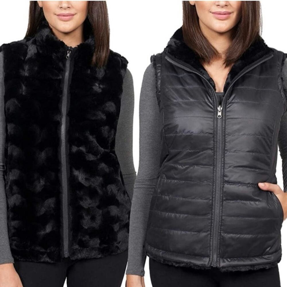 Nicole Miller Original Black Reversible Faux Fur Puff Vest Size M